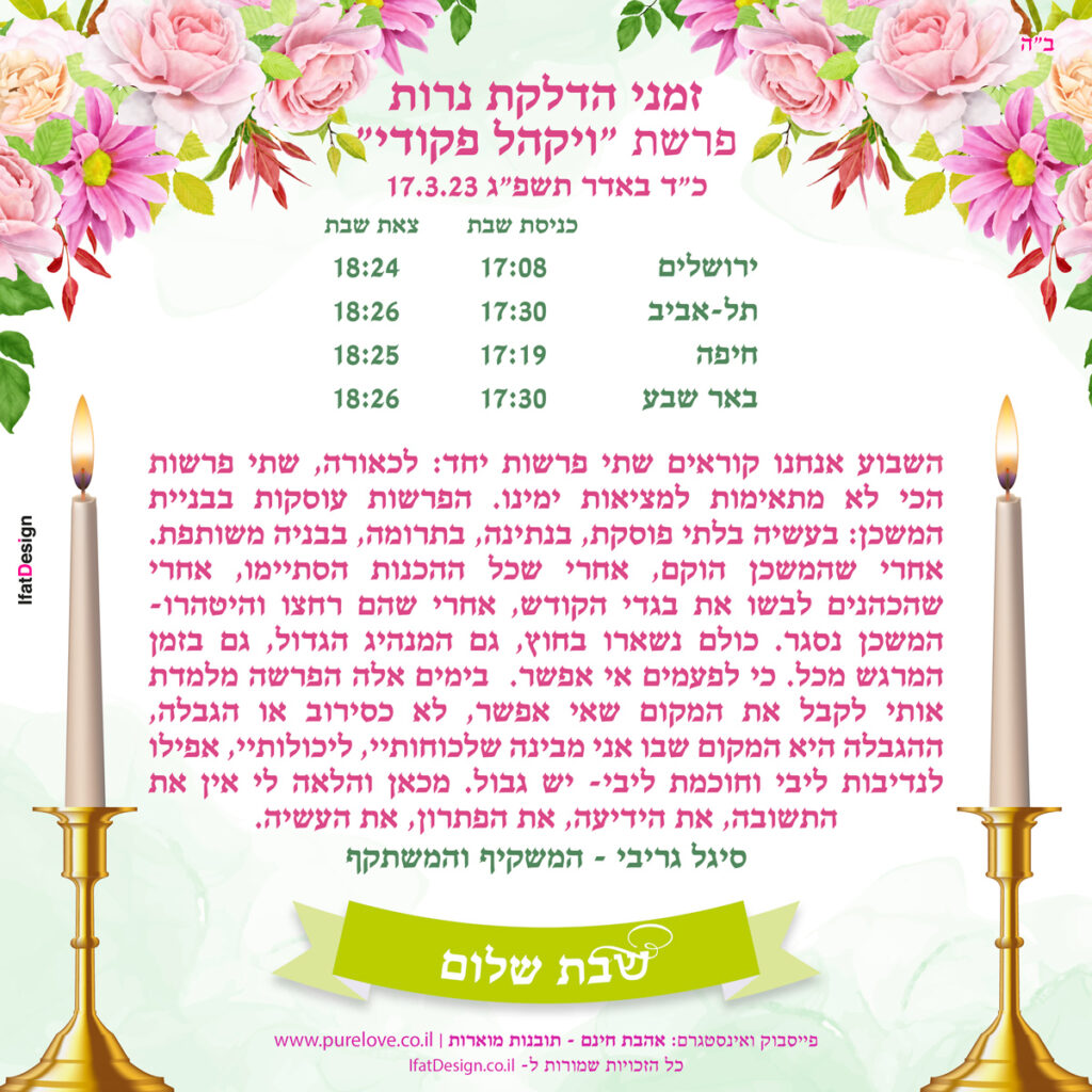 תובנה מוארת - פרשת ויקהל פקודי -סיגל גריבי
