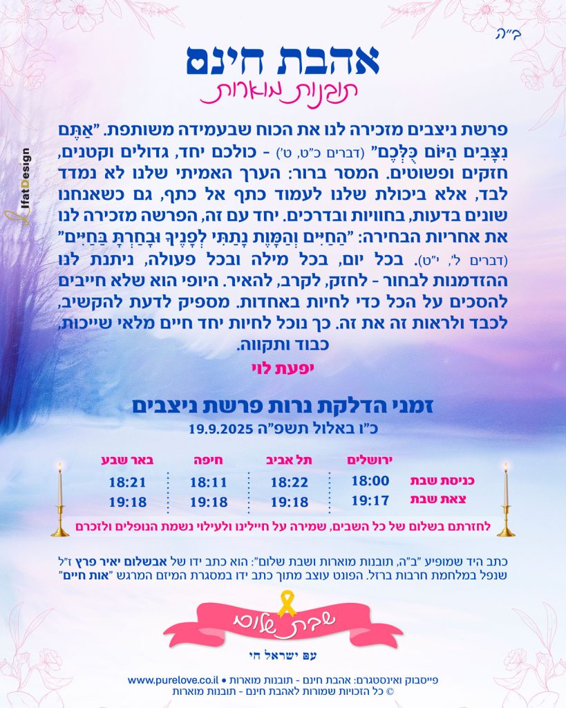 פרשת ניצבים מזכירה את כוחנו לעמוד יחד למרות השוני, לבחור בחיים ולבנות אחדות, כבוד וחיבור שמעניקים משמעות ותקווה.