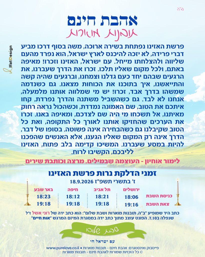 תובנה מוארת לפרשת האזינו עם זמני הדלקת נרות מתוך אהבת חינם - תובנות מוארות