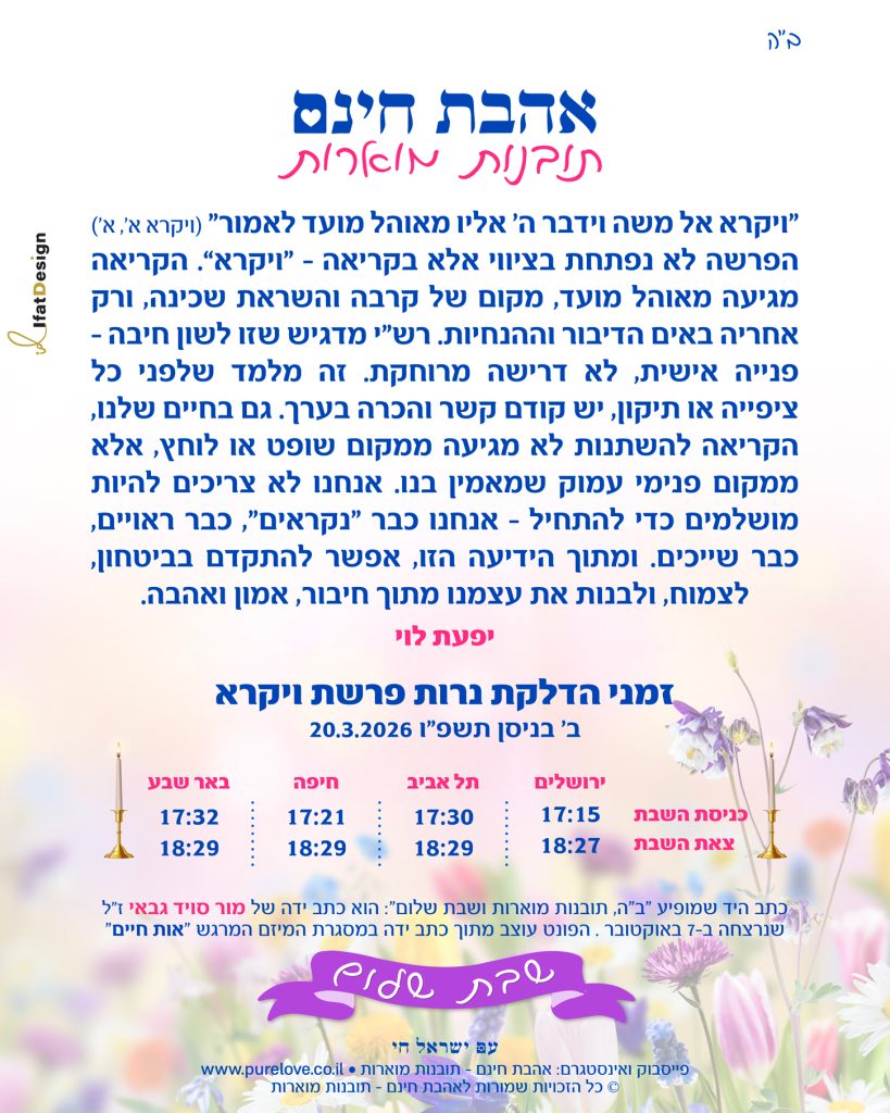 תובנה מוארת פרשת ויקרא - יפעת לוי
