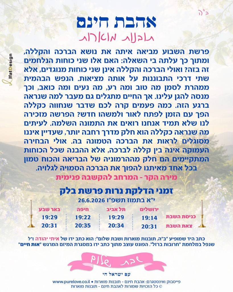 תובנה מוארת לפרשת בלק עם זמני הדלקת נרות מתוך אהבת חינם – תובנות מוארות