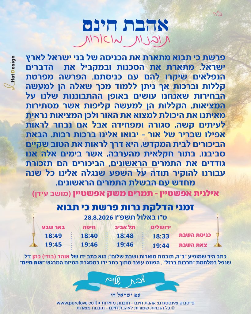 תובנה מוארת לפרשת כי תבוא עם זמני הדלקת נרות מתוך אהבת חינם - תובנות מוארות
