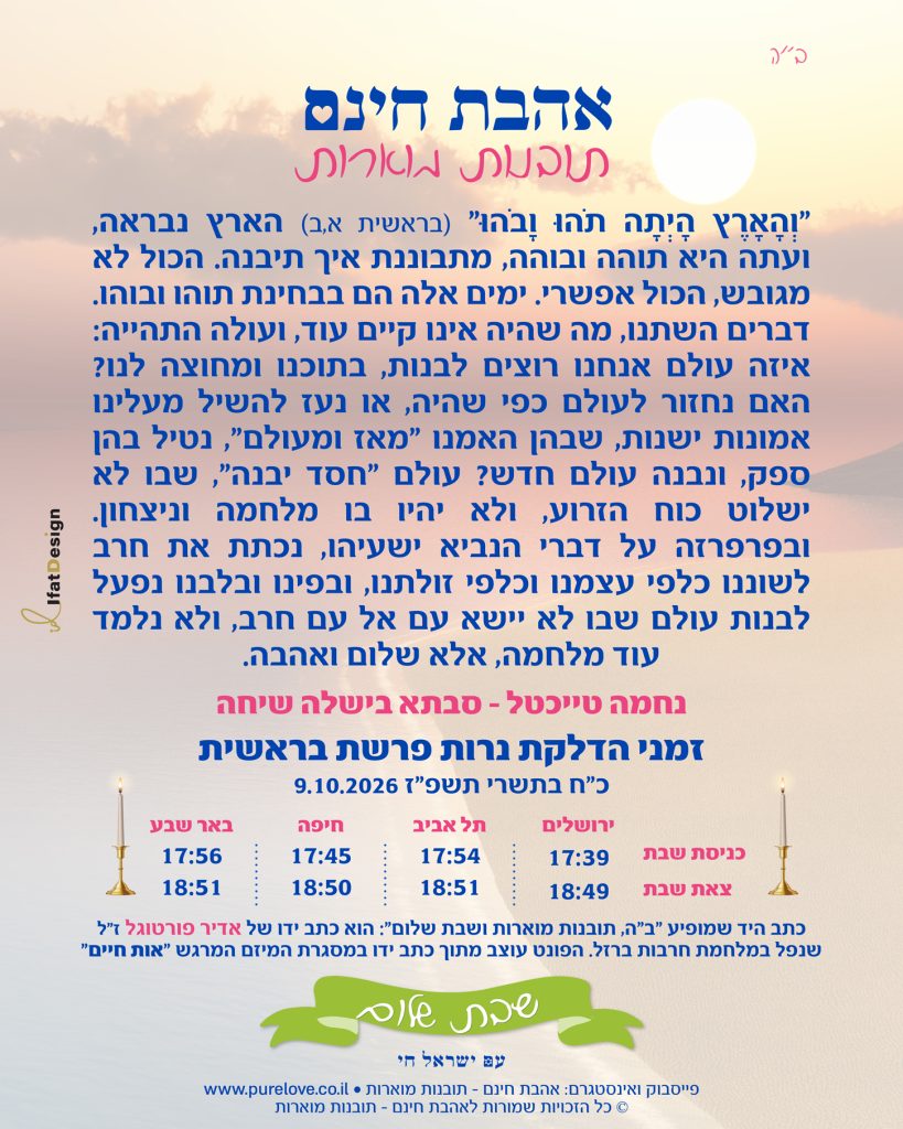 תובנה מוארת לפרשת בראשית עם זמני הדלקת נרות מתוך אהבת חינם - תובנות מוארות
