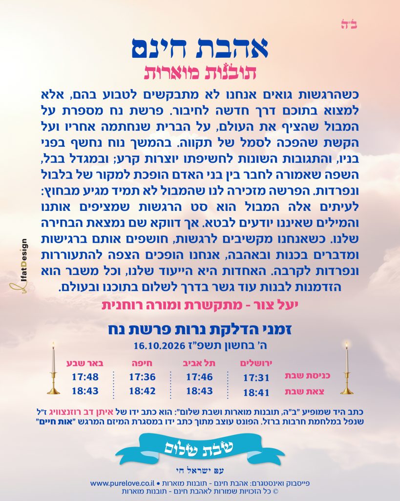 תובנה מוארת לפרשת נח עם זמני הדלקת נרות מתוך אהבת חינם - תובנות מוארות