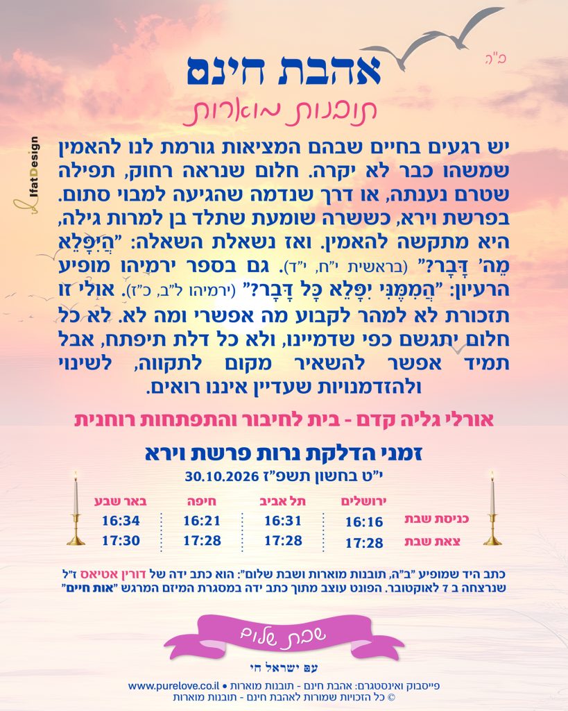 תובנה מוארת לפרשת וירא עם זמני הדלקת נרות מתוך אהבת חינם – תובנות מוארות